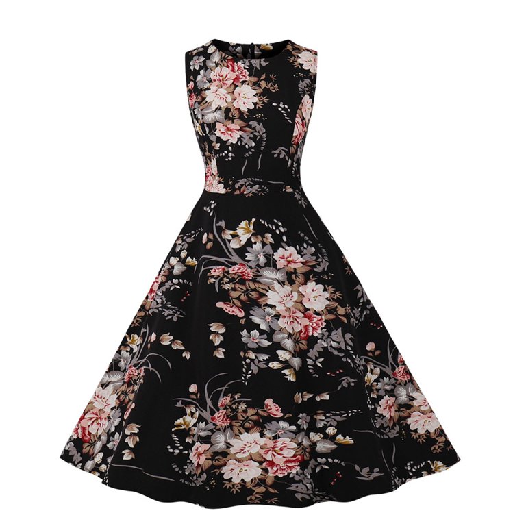 BEEYASO Clearance Summer Dresses for Women Sleeveless A-Line Mid-Length  Fashion Printed Round Neckline Dress Black m 