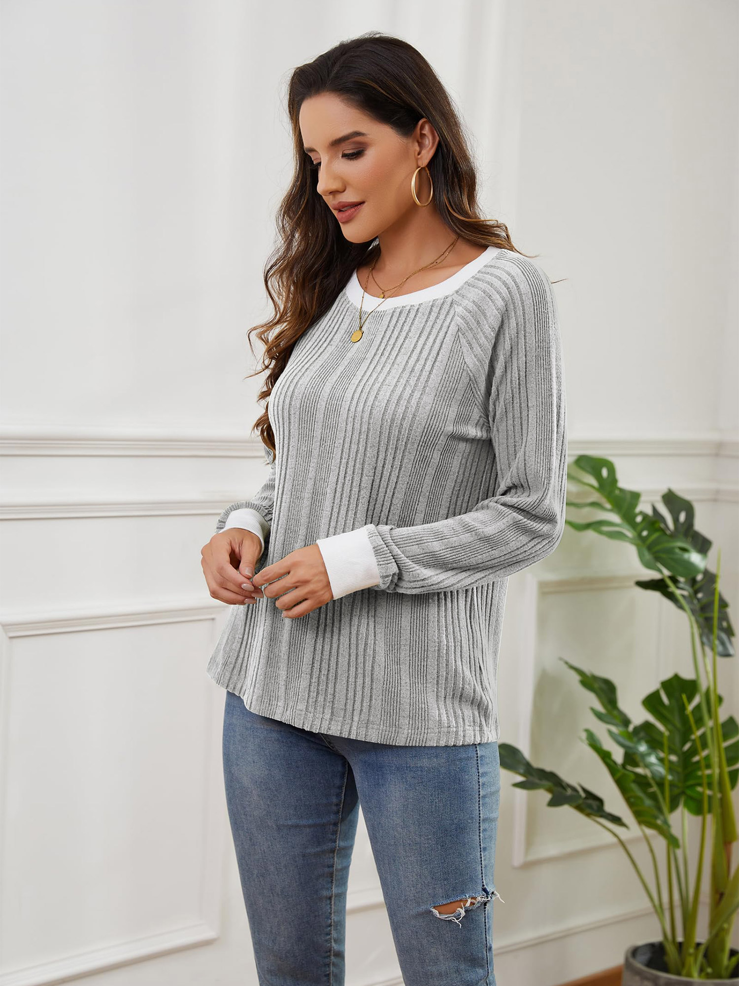 SHIBEVER Women's Long Sleeve Crew Neck Tunic, Gray photo 8