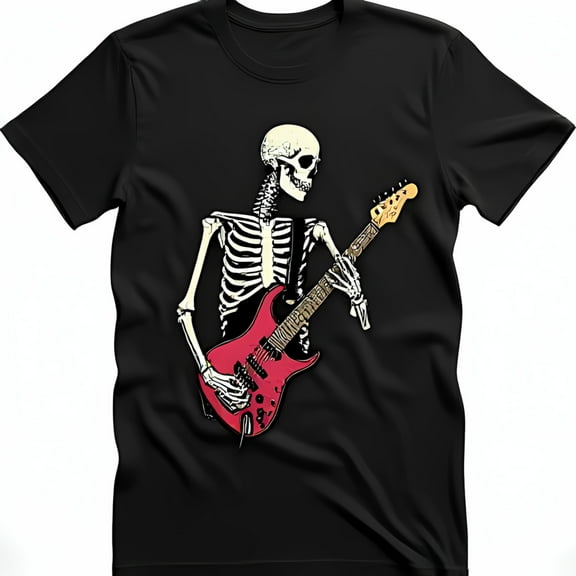 Stylish Black T-Shirt with Skeleton Guitarist Graphic Rock & Roll Vibe