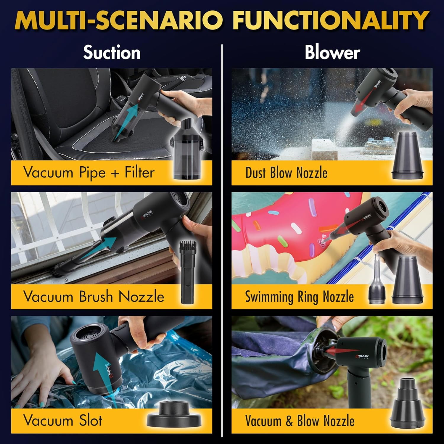 EL7209 Cordless Car Vacuum with Air Blower, Brushless Motor 16000Pa Strong Suction, Rechargeable Mini Handheld Vacuum Cleaner with USB-C, Portable Dust Cleaner and Blower for Car, Home, Office