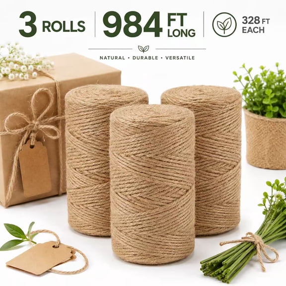Emlimny 3 Roll Natural Jute Twine 984 Feet Long Garden Twine String,Bulk Hemp Jute Rope Cord Twine 3ply Thin Ribbon Hemp Twine for Crafts Gift Wrapping Packing Crochet Christmas Knitting