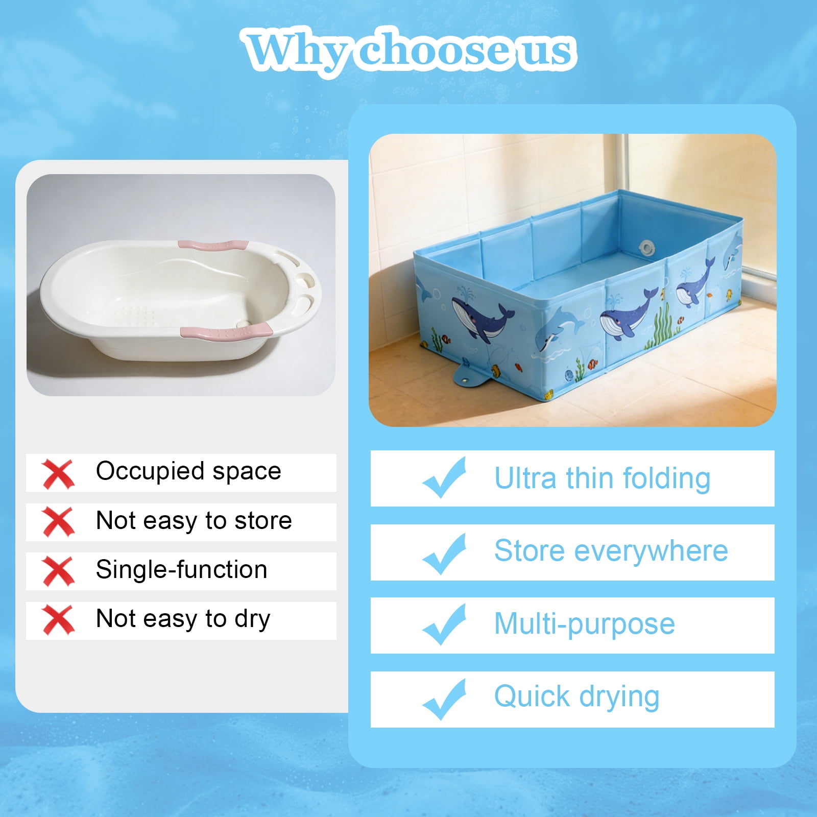 RoamReady Collapsible Foldable Baby Bathtub 6M-4Y Infant Toddler Portable Travel Tub with Quick Drain Plug Space Saving Easy Clean No Assembly Blue