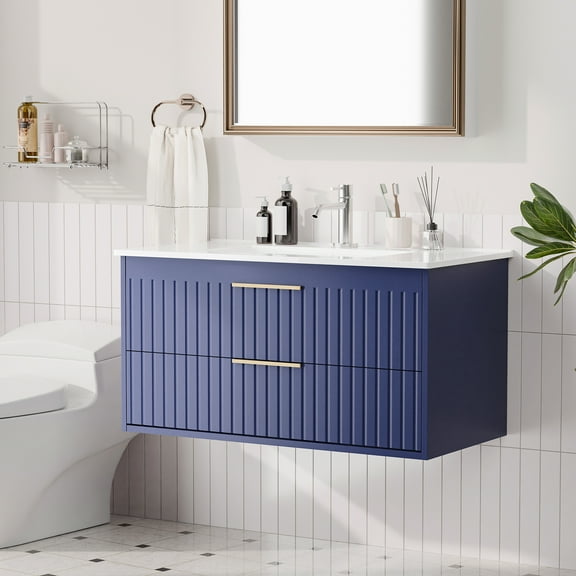 36" Wall Mounted Bathroom Vanity with Sink, Floating Design with 2 Spacious Drawers and Metal Handles, Blue