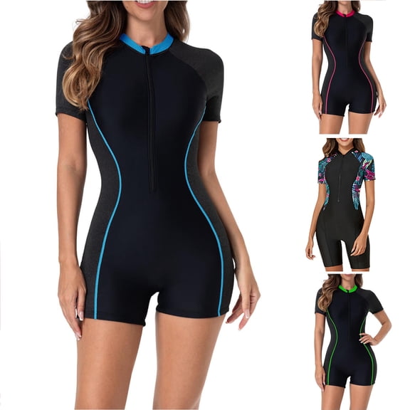Tqyyweavej Women's One Piece Swimsuit Tummy Control Hooded Print Bathing Suits Short Sleeeve Solid Color Pleated Tight Swimwear with Zip