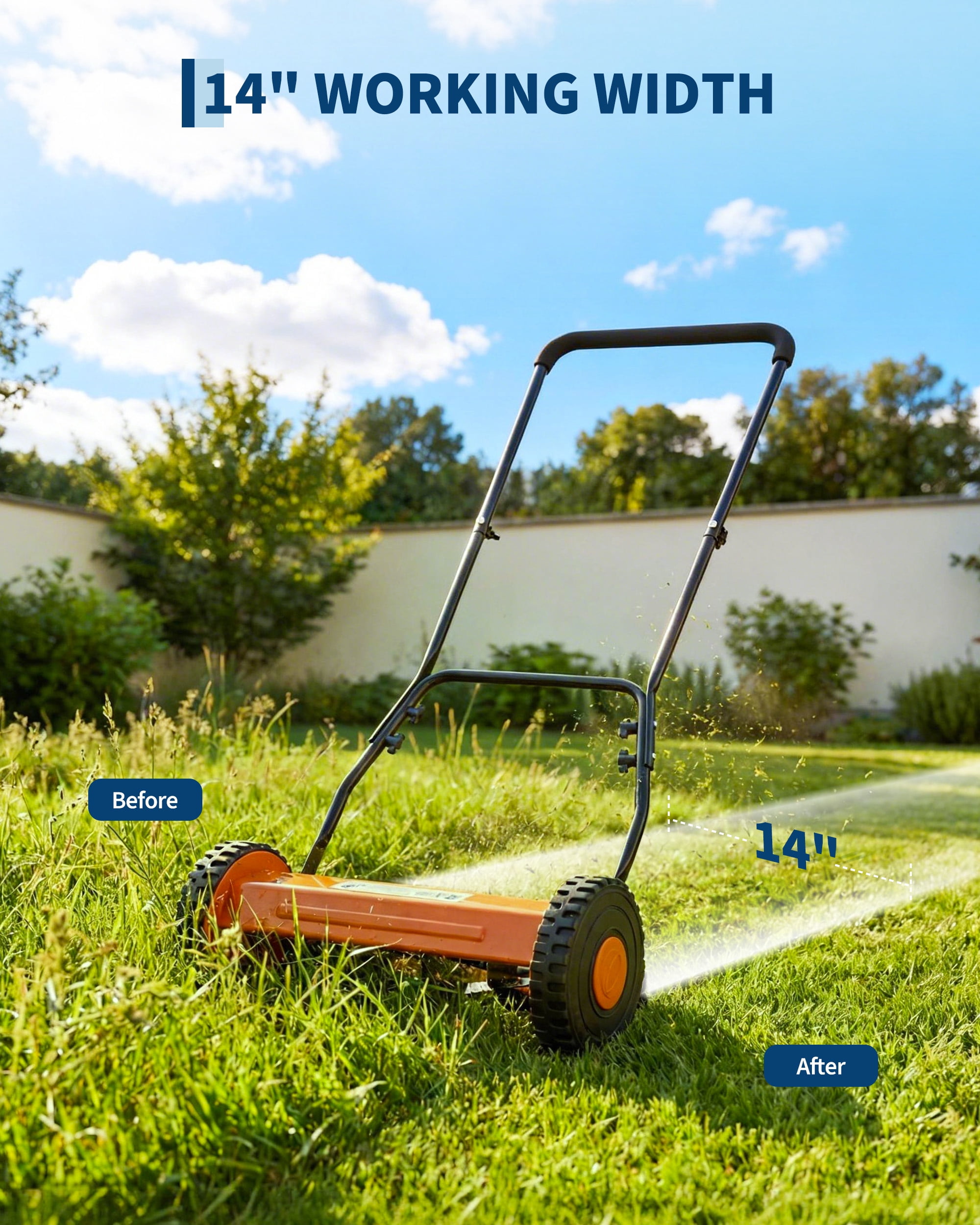 14" Push Reel Lawn Mower, 5-Blade Manual Walk-Behind Lawn Mower with Adjustable Cutting Height, Compact Push Mower for Small Yards, Orange