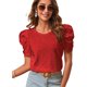 thumbnail image 1 of Top de verano para mujer, cuello redondo, manga corta con volantes, Color puro, transpirable, camisa informal para mujer, para fiesta, oficina, viajes, rojo S, 1 of 6