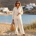 thumbnail image 6 of Stralyhd Womens 2 Piece Outfits Long Sleeve Stand Collar Button Down Shirt Wide Leg Pants Summer Casual Trendy Lounge Set Beige XXL, 6 of 6