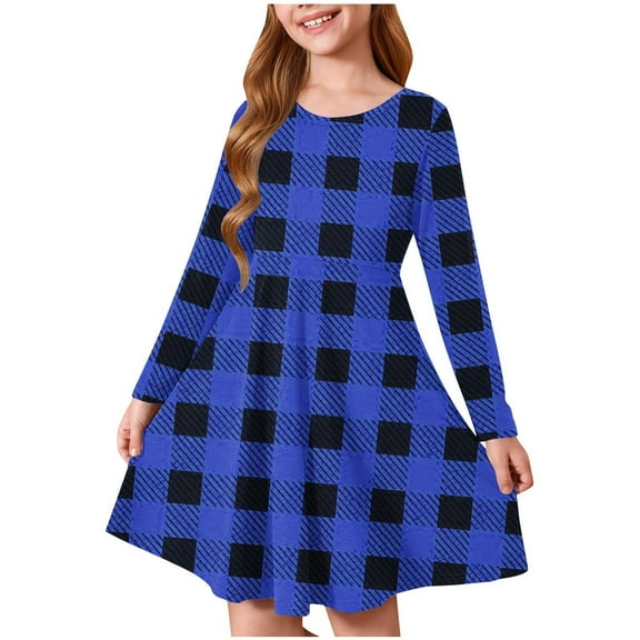 Nrmvnmi Girls Long Sleeve Plaid Color Block Casual Swing Loose Fit Tunic Dress Blue