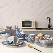 18 Pieces, Kitchen Dinnerware Ceramic Sets, Dishwasher & Oven & Microwave Safe, High Quality And Scratch Resistant, Classic Minimalist Style, Vintage Blue, Housewarming, Birthday, Anniversary Gift