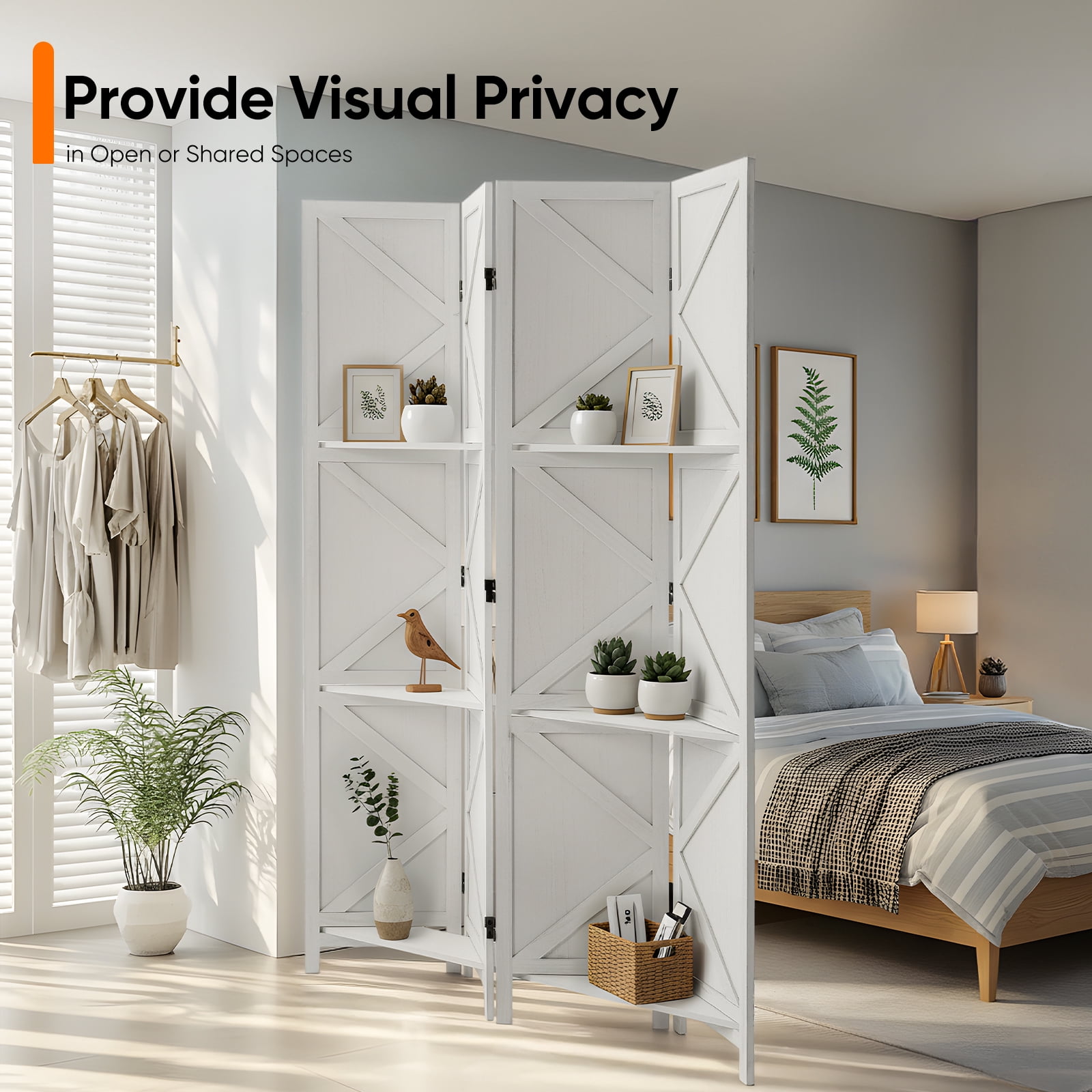 Jostyle 4 Panel Room Divider Privacy Screen with Storage Shelves - Foldable Partition with Natural Paulownia Wood Frame for Living Room, Bedroom, Office White