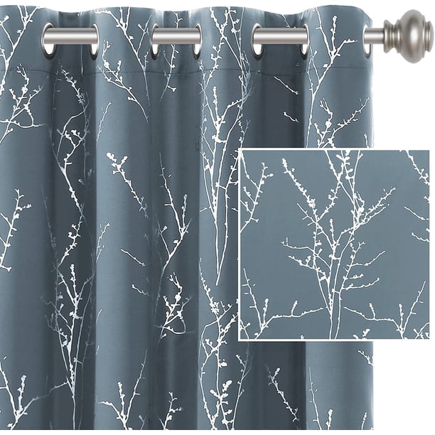 Cortinas opacas para dormitorio con estampado de papel de aluminio, rama de árbol, rama de árbol, aislamiento térmico, con ojales, cortinas que bloquean la luz, gruesas y suaves cortinas para ventana para sala de estar, 52 x 84 pulgadas, salvia, 2 paneles, azul piedra, 52 pulgadas de ancho x 63 pulgadas de largo