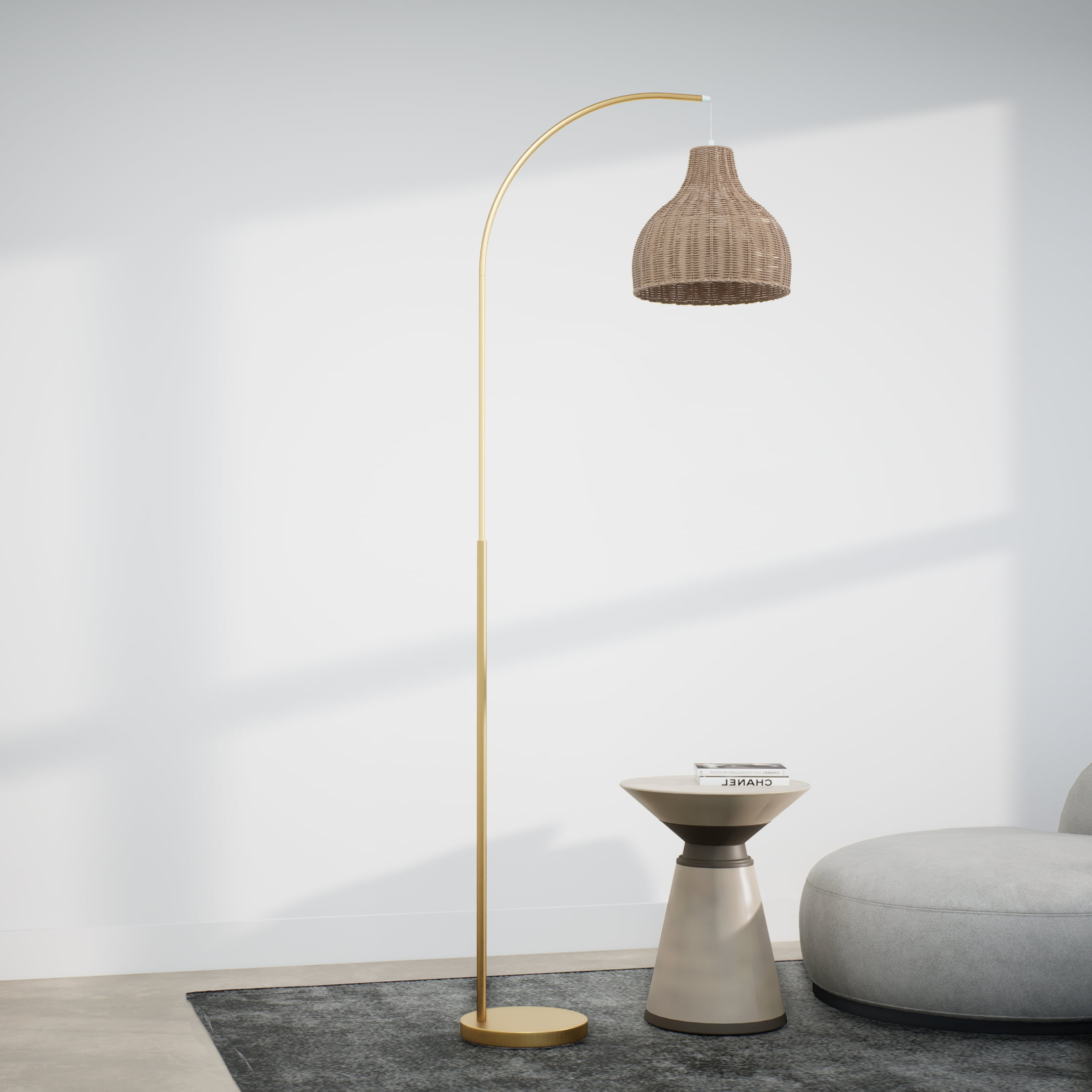 Ozarke Arc Floor Lamp - Brass Rattan Metal Standing Adjustable Tall Lamp for Living Room, Bedroom Modern Design
