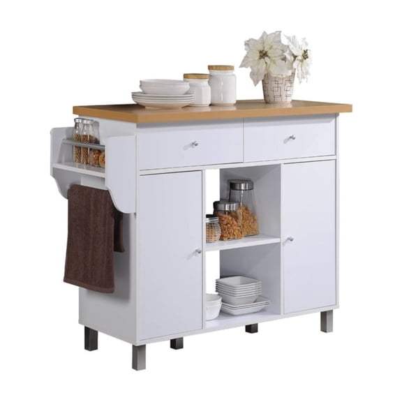 Hodedah Kitchen Island with Spice Rack plus Towel Holder in White Wood