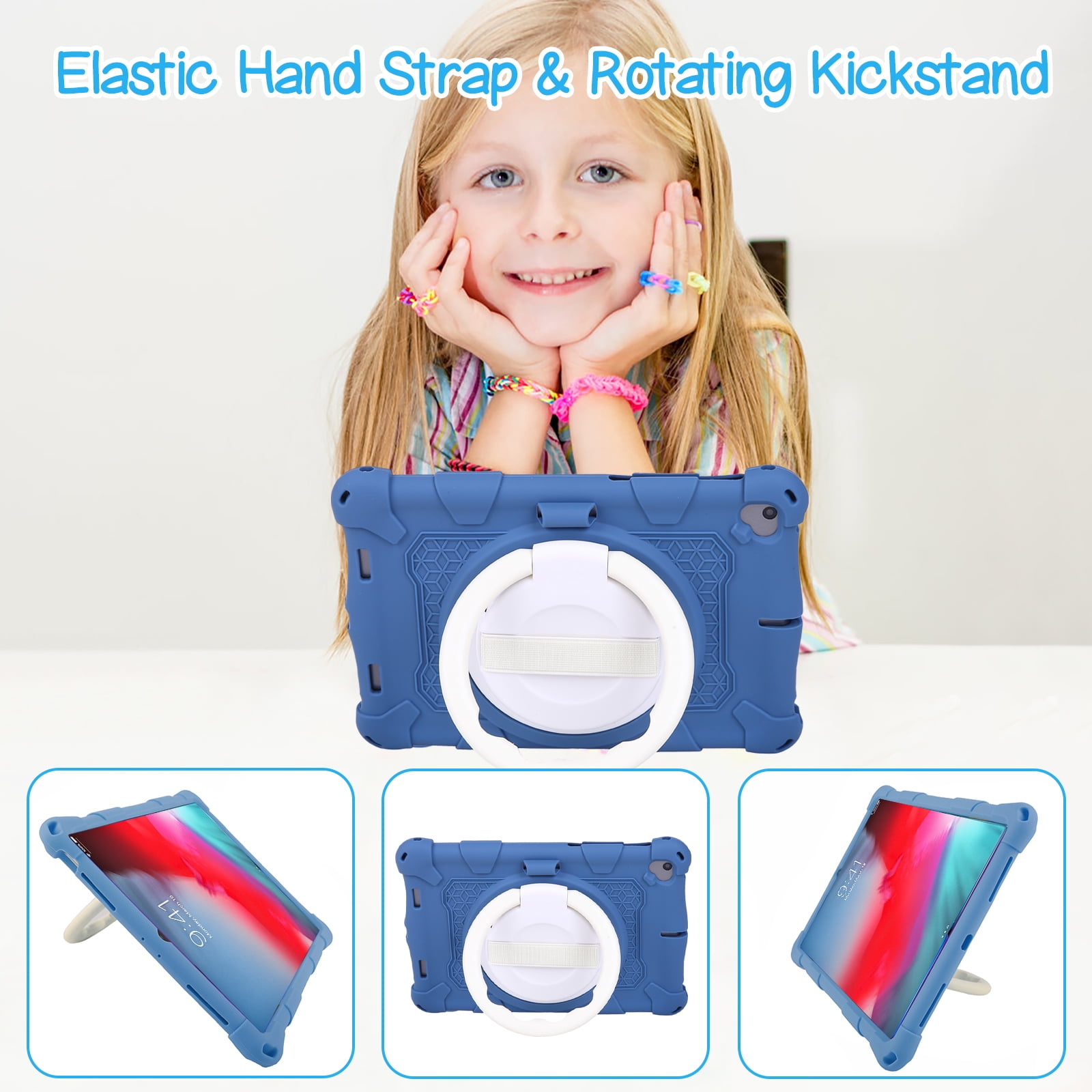 For iPad 6th 5th Generation Case, Soft Silicone Drop Protection Rotating Kickstand with Shoulder Strap Pencil Holder Kids Friendly Lightweight Case for iPad Air 1 2/ iPad 9.7" 2018/2017, Darkblue