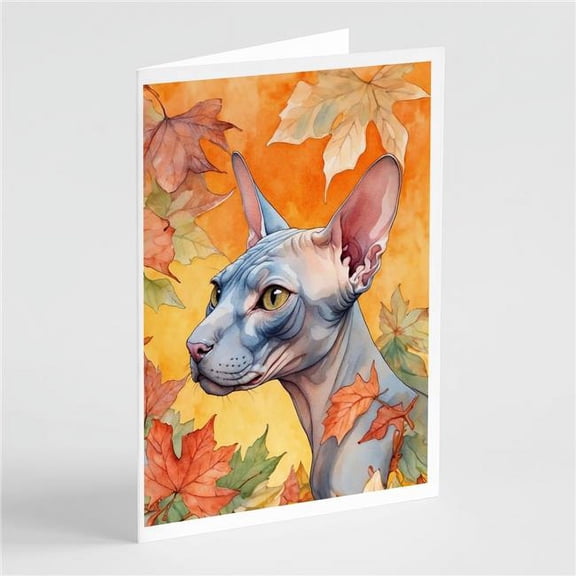 Carolines Treasures DAC7129GCA7P 5 x 7 in. Donskoy Don Sphynx Cat in Fall Leaves Greeting Cards - Pack of 8