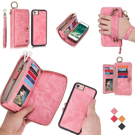 iPhone 6S Plus / iPhone 6 Plus Wallet Case, Allytech Premium PU Leather Zipper Cards Holder Cash Pocket Clutch Hand Strap Detachable Magnetic Back Shell for Apple iPhone 6S Plus, iPhone 6 Plus, Pink