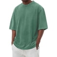 thumbnail image 2 of Domuza Cotton Shirt for Men Loose Fit Distressed Washed Casual Half Sleeve T-Shirt Summer Retro Style Crewneck Pullover Dark Green L, 2 of 4