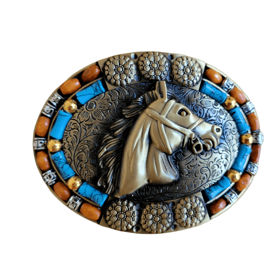 Antique Brass Colt Horse Head Buckle Western Turquoise Stone Belt Buckle