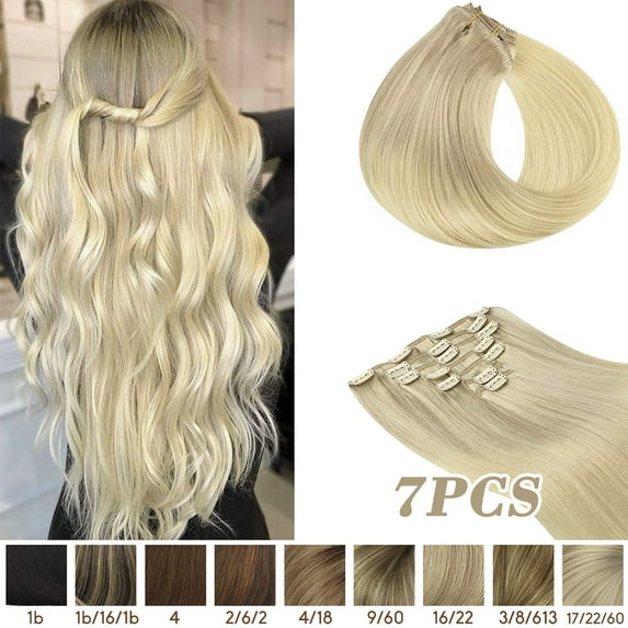 Hotbanana Clip in Hair Extensions Blonde Real Remy Human Hair Weave Double Weft Full Head 14-24inch 7pcs