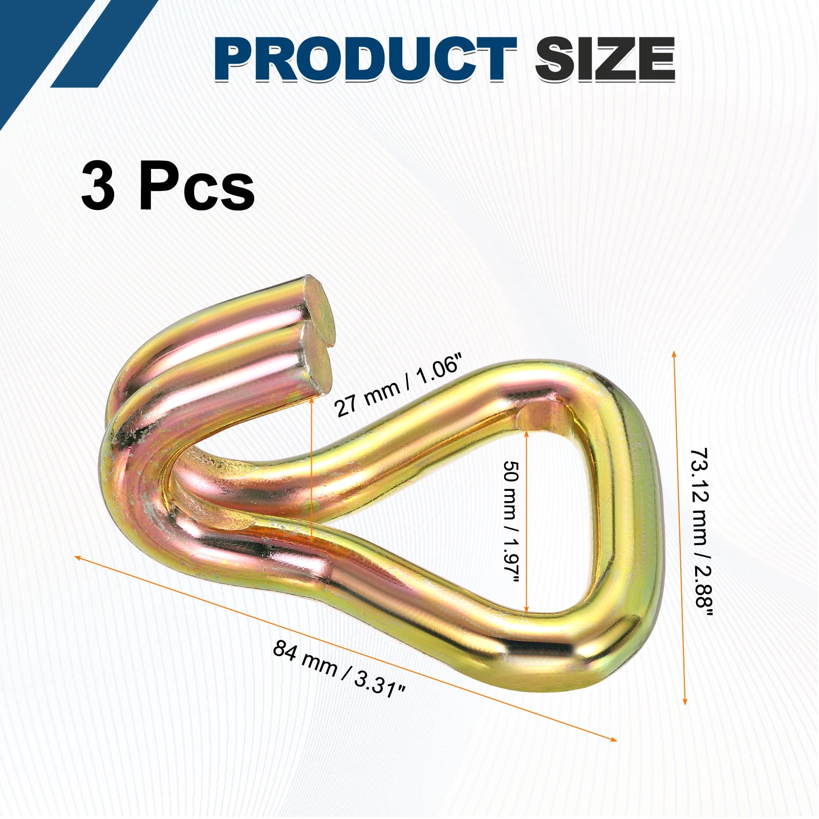 Uxcell Ratchet Double J Strap Hook Load 11000lbs, 3Pcs Heavy Duty Tie Down Strap J-Hook Cargo Hook for 2 Inch Tie Down Strap Webbing on Car Truck Trailer, Gold Tone (ID: 50 mm / 1.97")
