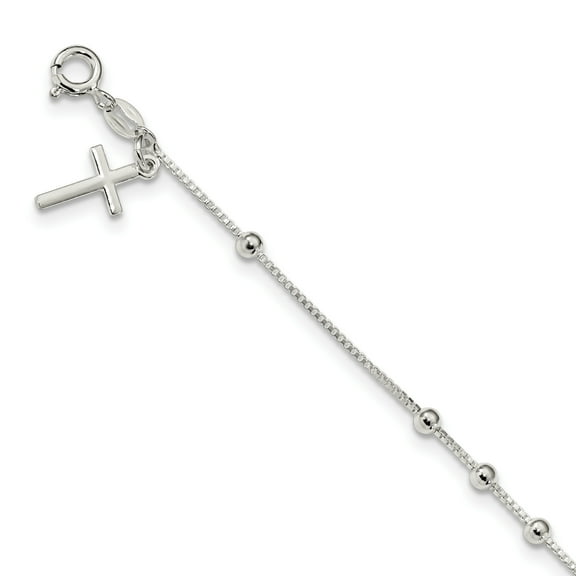 Sterling Silver Polished Beaded Cross 7.25in Bracelet