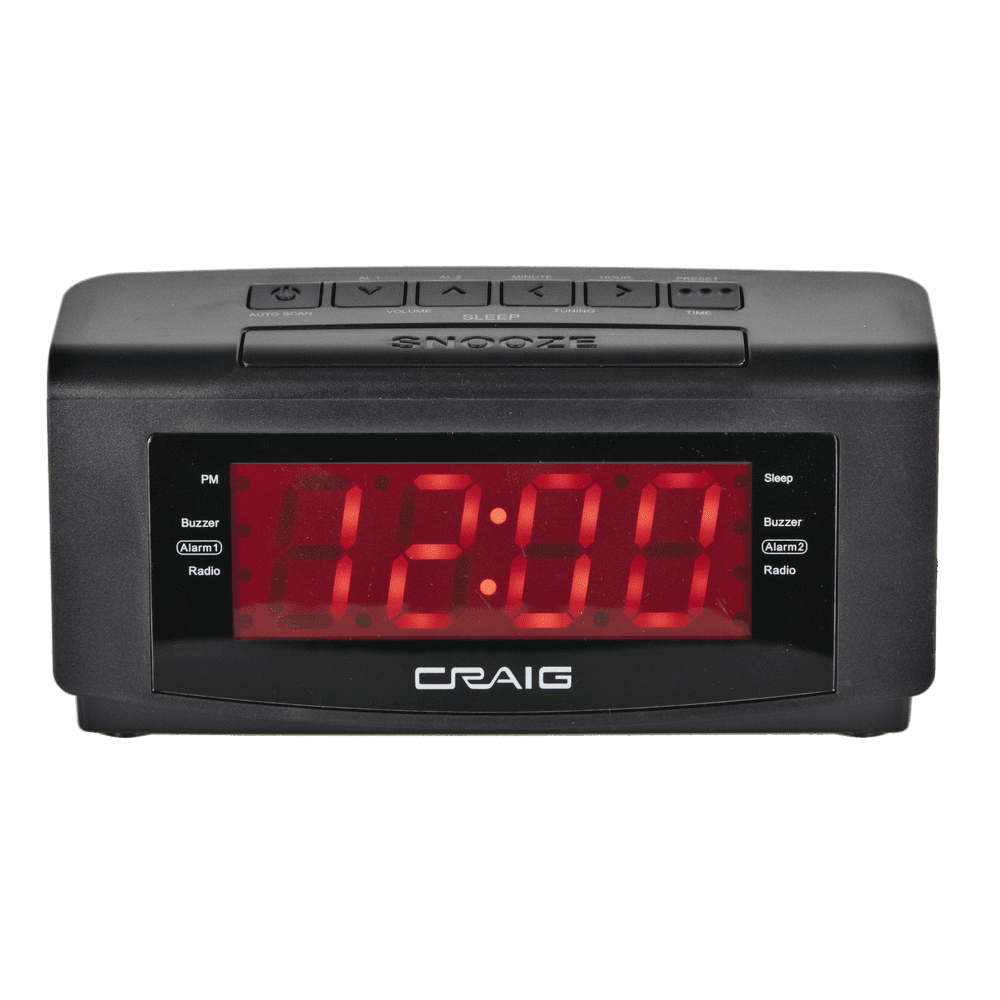 Craig CR45372 Dual Alarm Clock with Digital PLL FM Radio in Black 1.2 inch Red LED Display