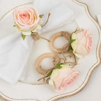 Efavormart 4 Pack Blush Silk Rose Flower Wooden Napkin Rings, Rustic Boho Chic Floral Napkin Holders - 4"