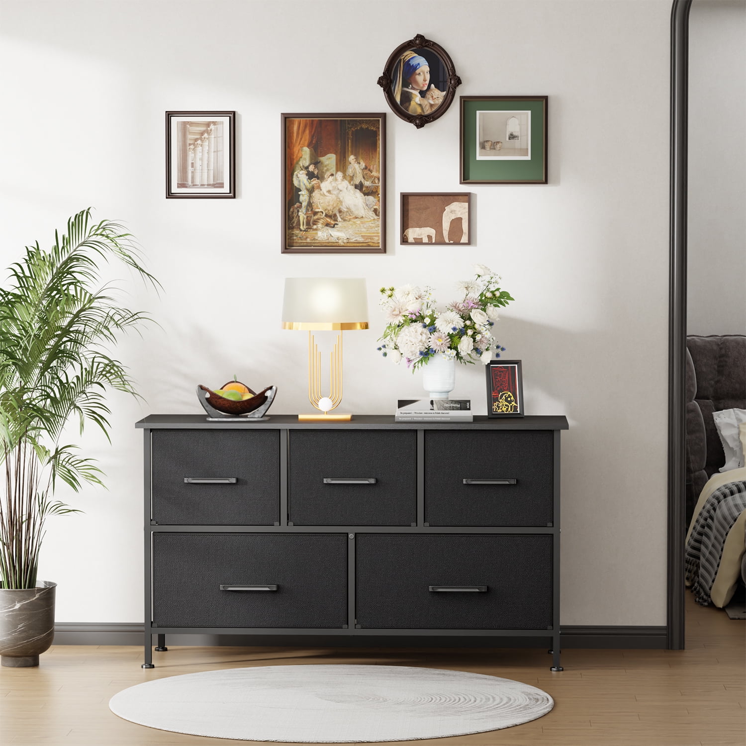 FDW 5 Fabric Drawers Dresser Modern Chest Organizer Black
