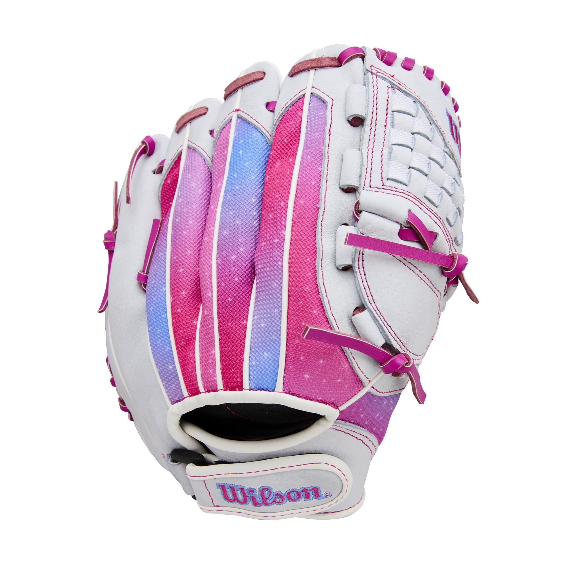 Wilson 2026 Flash™ 11.5" Youth Fastpitch Glove - White/Flamingo Pink/Blue, Right Hand Throw