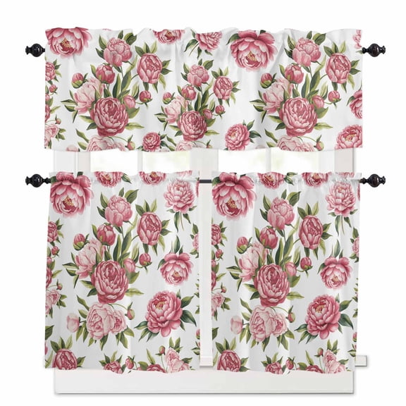 Vintage Pink Flower Kitchen Curtains Valances and Tiers Set of 3, 24 Inch Length Tier Curtains and Valance Rod Pocket Valance Curtains Set for Kitchen Bathroom Small Windows