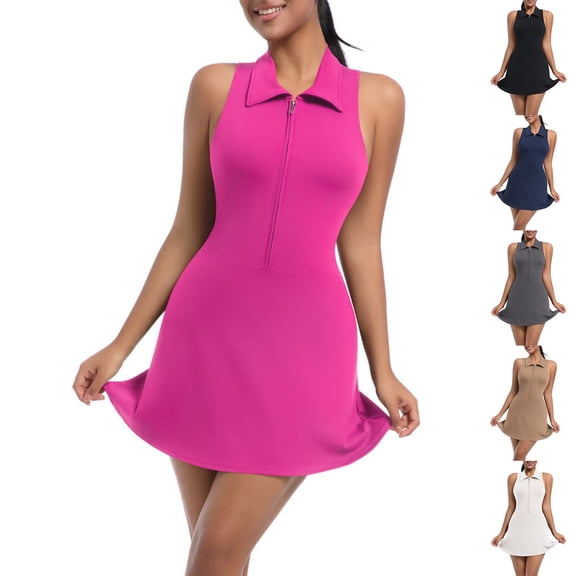 THDHVS Women's Casual Dresses,Summer Dresses for Women 2025,Women's Tennis Golf Dress with Shorts Active Exercise Workout Sports Athletic Dresses for Women with Zipper Black M