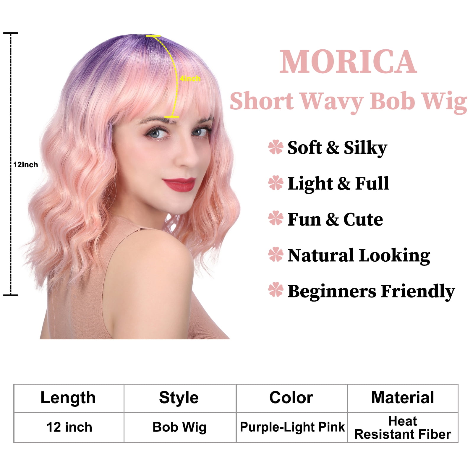 MORICA Curly Bob Wig with Bangs 12 inch Short Wavy Purple 