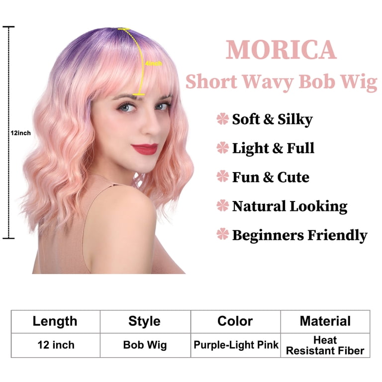 MORICA Curly Bob Wig with Bangs 12 inch Short Wavy Purple  display picture 2