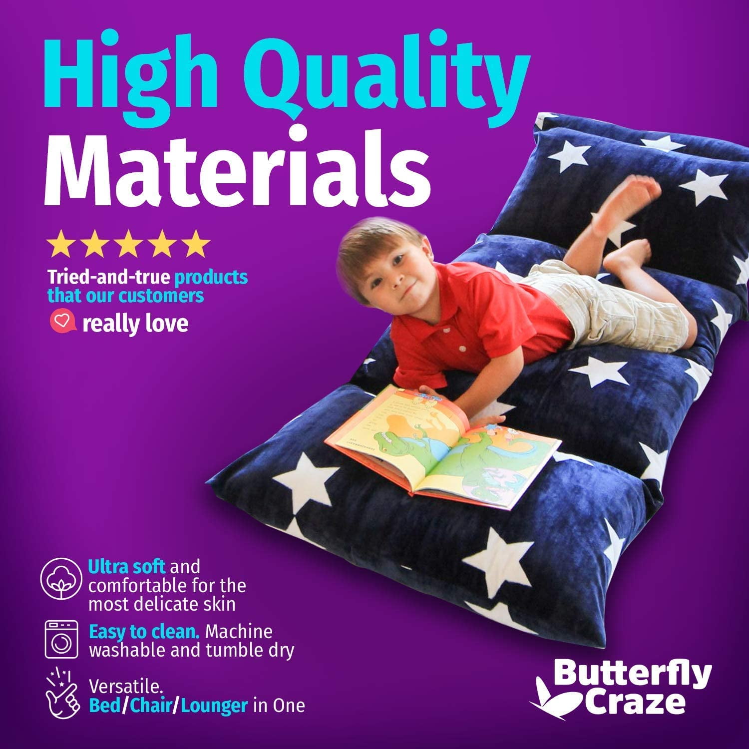 NAVY WITH STARS KIDS' PILLOW BED COVER FLOOR PILLOW LOUNGER COVER 