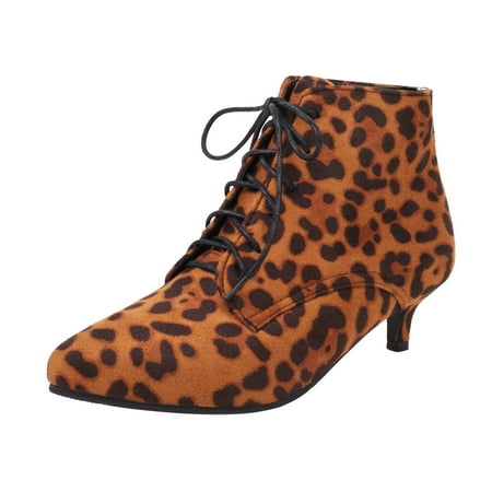 

Fsqjgq Tan Boots for Women Fashion Women s Shoes Suede Slim Heel High Heeled Leopard Printing Front Lace Up Short Boots Boot Brace Small Brown 39