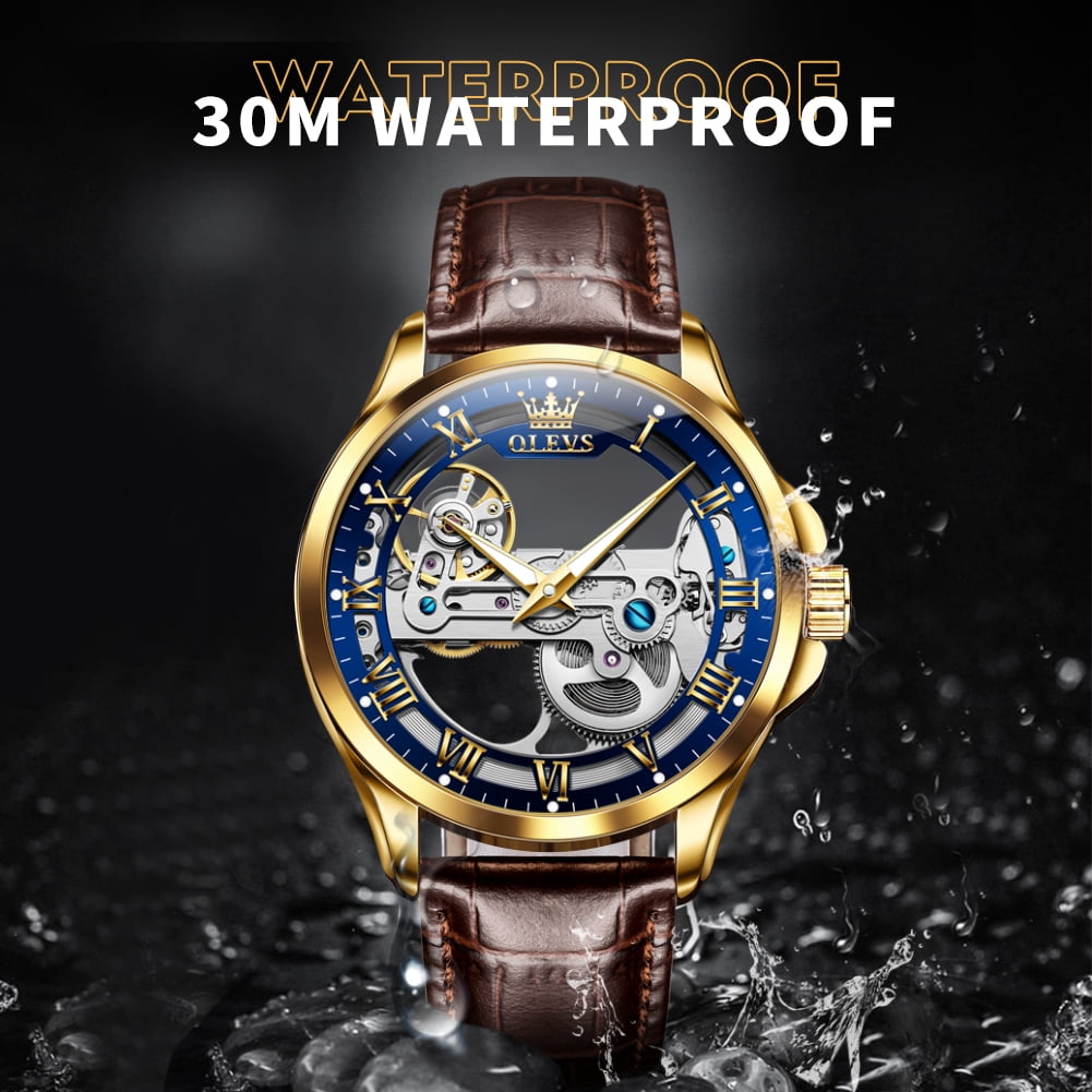 OLEVS Automatic Watches for Men Skeleton Brown Leather Band Large Face Self Winding Mechanical Mens Dress Watches Waterproof Easy to Read Luminous Business Casual Mens Wrist Watches Reloj Para Hombre