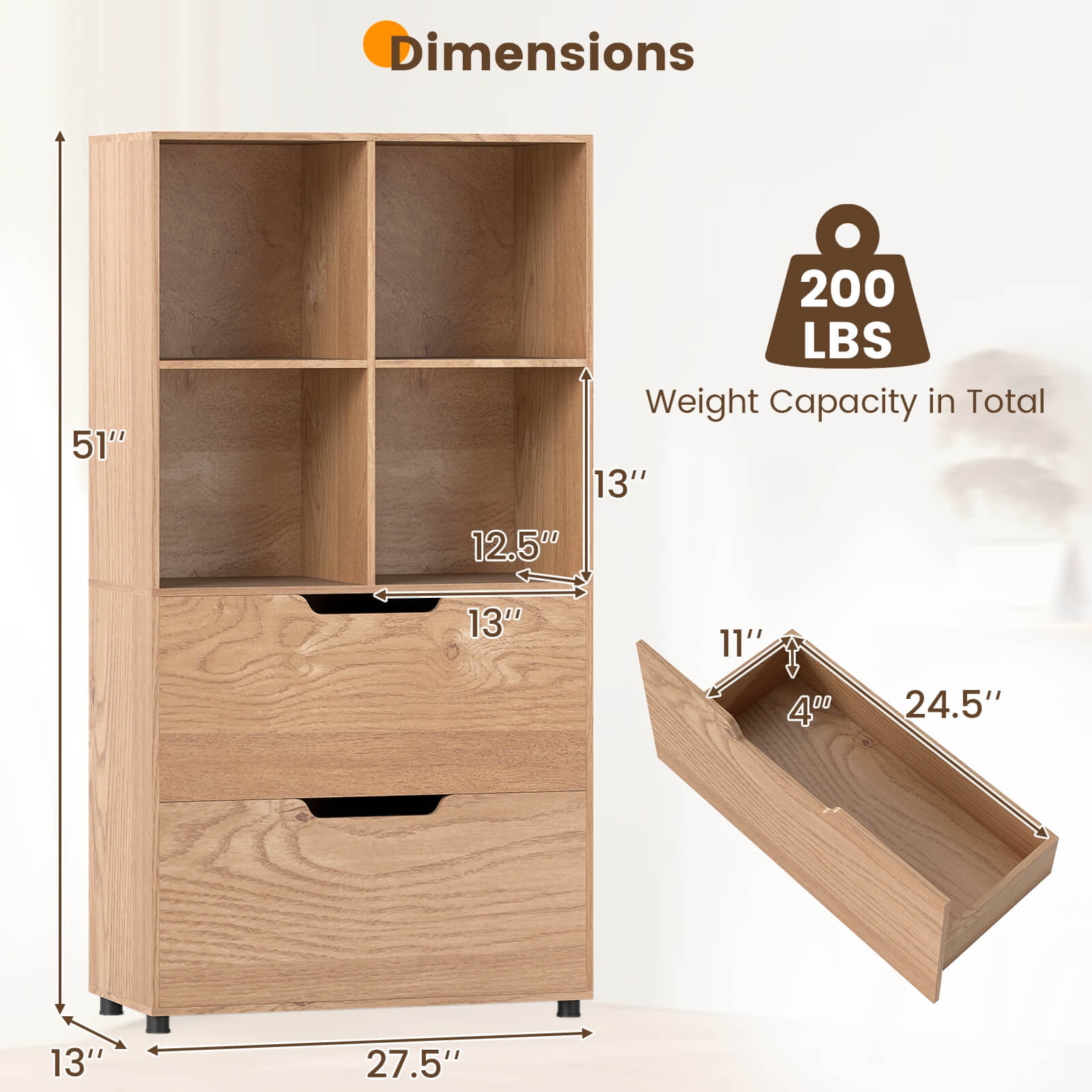 Costway 2PCS 4-Cube Bookcase with 2 Drawers, 5-Tier Tall Freestanding Bookshelf for Study Natural