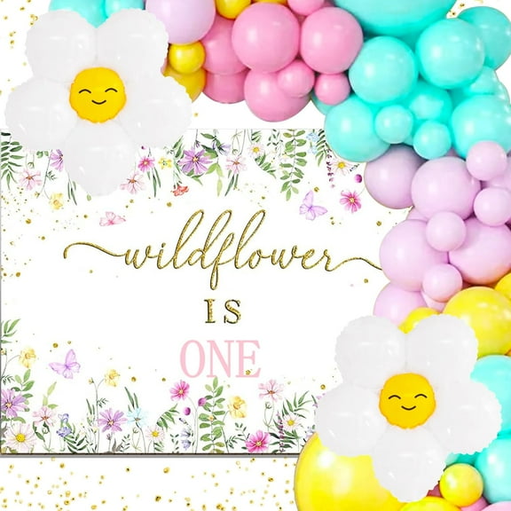 Wildflower Theme 1st Birthday Party Decoration Set - Fresh and Sweet Arch Background Cloth   42-Balloon Combo