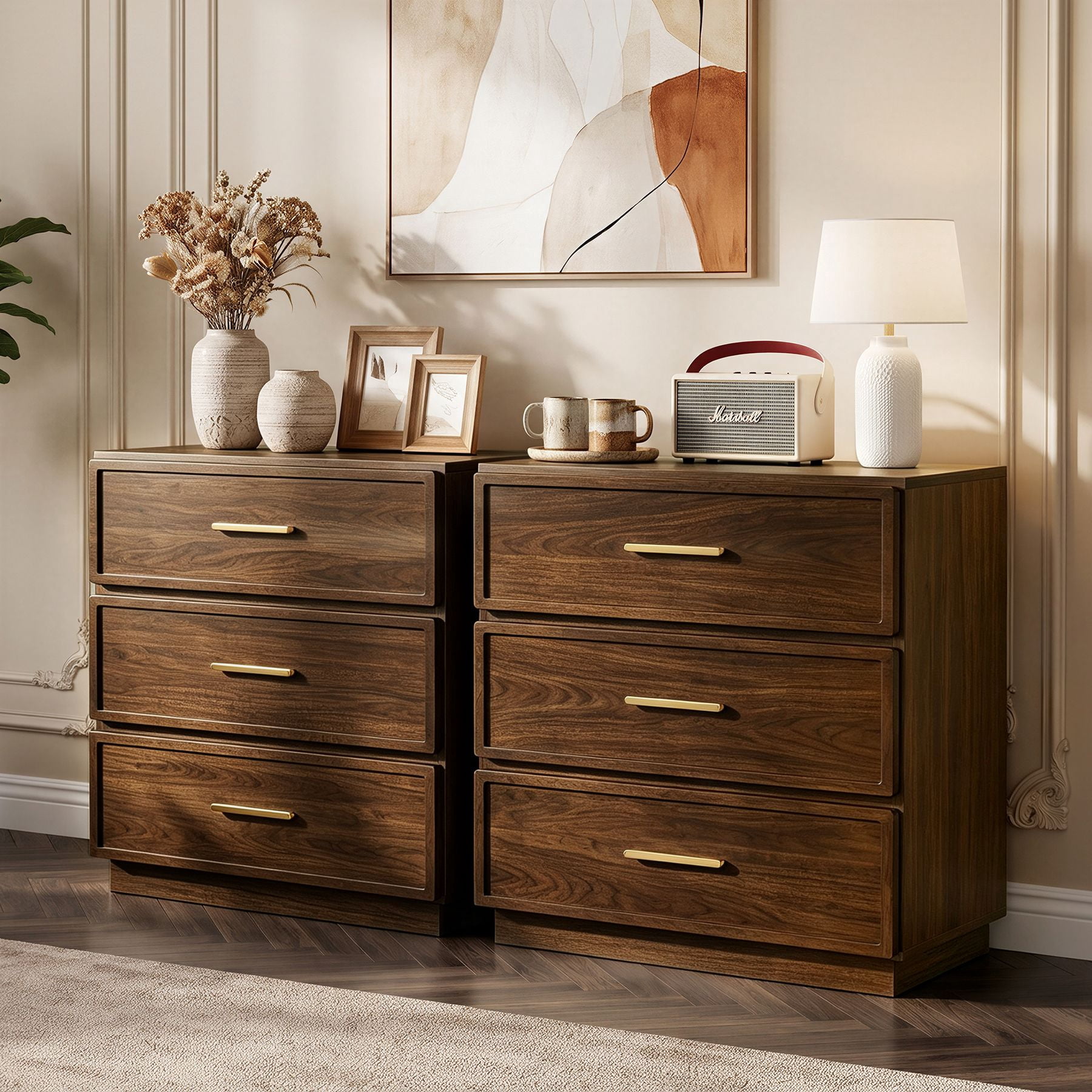 MOONMISS Modern 3-Drawer Nightstand Set of 2,Bedside Table with Sturdy Base & Gold Handles for Bedroom,Living Room,Walnut Finish
