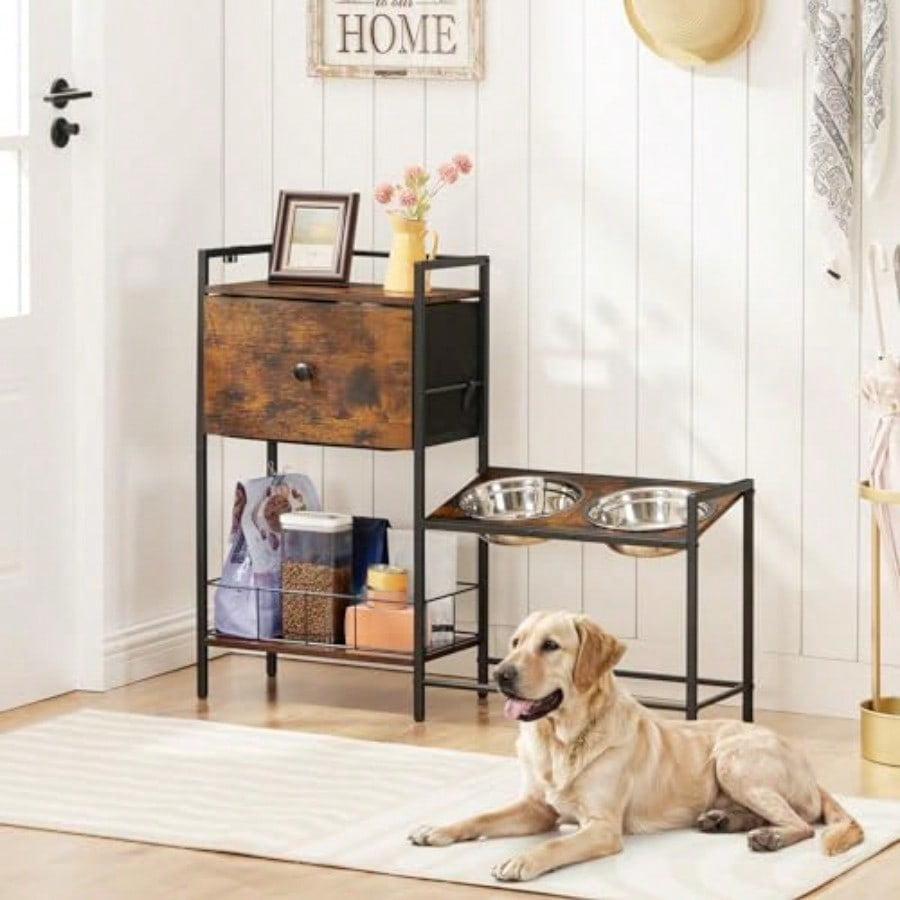 Raised Dog Bowls Elevated Dog Bowl Stand With 3 Heights Adjustable 2 Stainless Steel Bowls For Large Medium Breeds Dogs Feeding Station With Storage Rustic Brown And Black BF22PO03