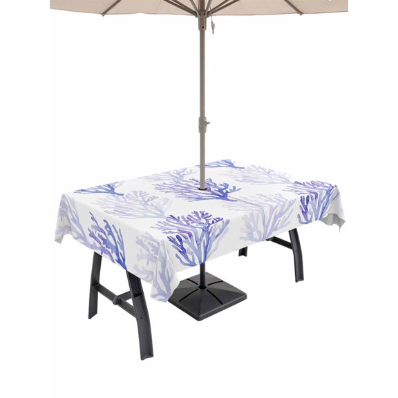 Outdoor Tablecloth with Umbrella Hole for Patio/Picnic/Party/Camping, Coastal Purple Coral Waterproof Table Cloth Rectangle Table Cover Washable, Nautical Ocean Seaside Beach (60"x 120")