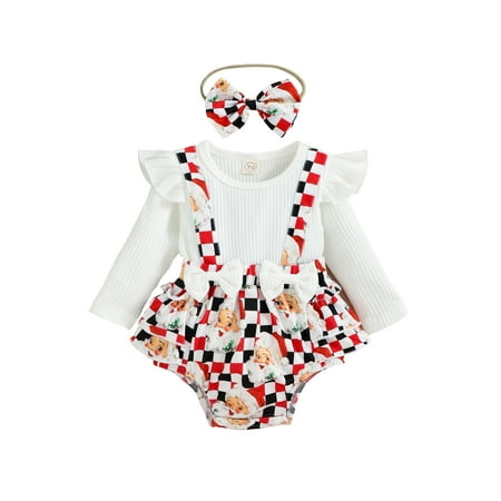

Newborn Baby Girl Christmas Romper Long Sleeve Santa Claus/Candy Cane/Plaid Ruffle Romper Top Bodysuit and Romper Set