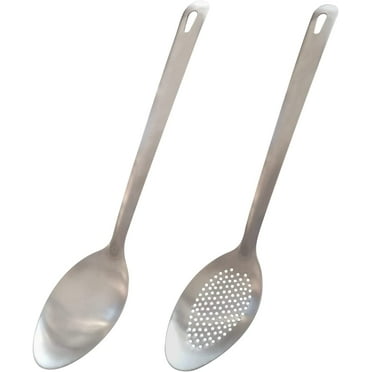 Cooking Spoon Set, 2Pcs 14.7" Stainless Steel Large Serving Spoons, Solid Spoon & Slotted Spoon for Restaurant, Large Metal Tablespoon, Basting Spoon Perforated Spoon Metal Kitchen Utensils
