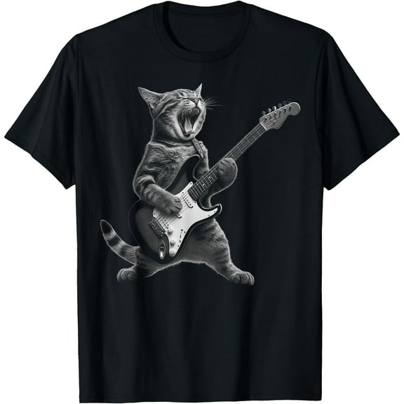 Cat Playing Guitar Rock Star Rock and Roll Unisex T-Shirt for Men Women Kids Toddler