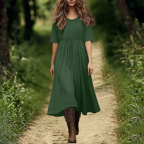 Odbmxy Cotton Linen Midi Dresses for Women Tunic Summer Short Sleeve Sundress Vintage Dress Women Flowy Holiday Plain
