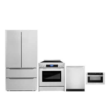 Cosmo 4 Piece Kitchen Appliance Package with 24  Built-In Microwave Drawer 30  Freestanding Electric Range 24  Built-in Integrated Dishwasher & French Door Refrigerator Kitchen Appliance Bundles