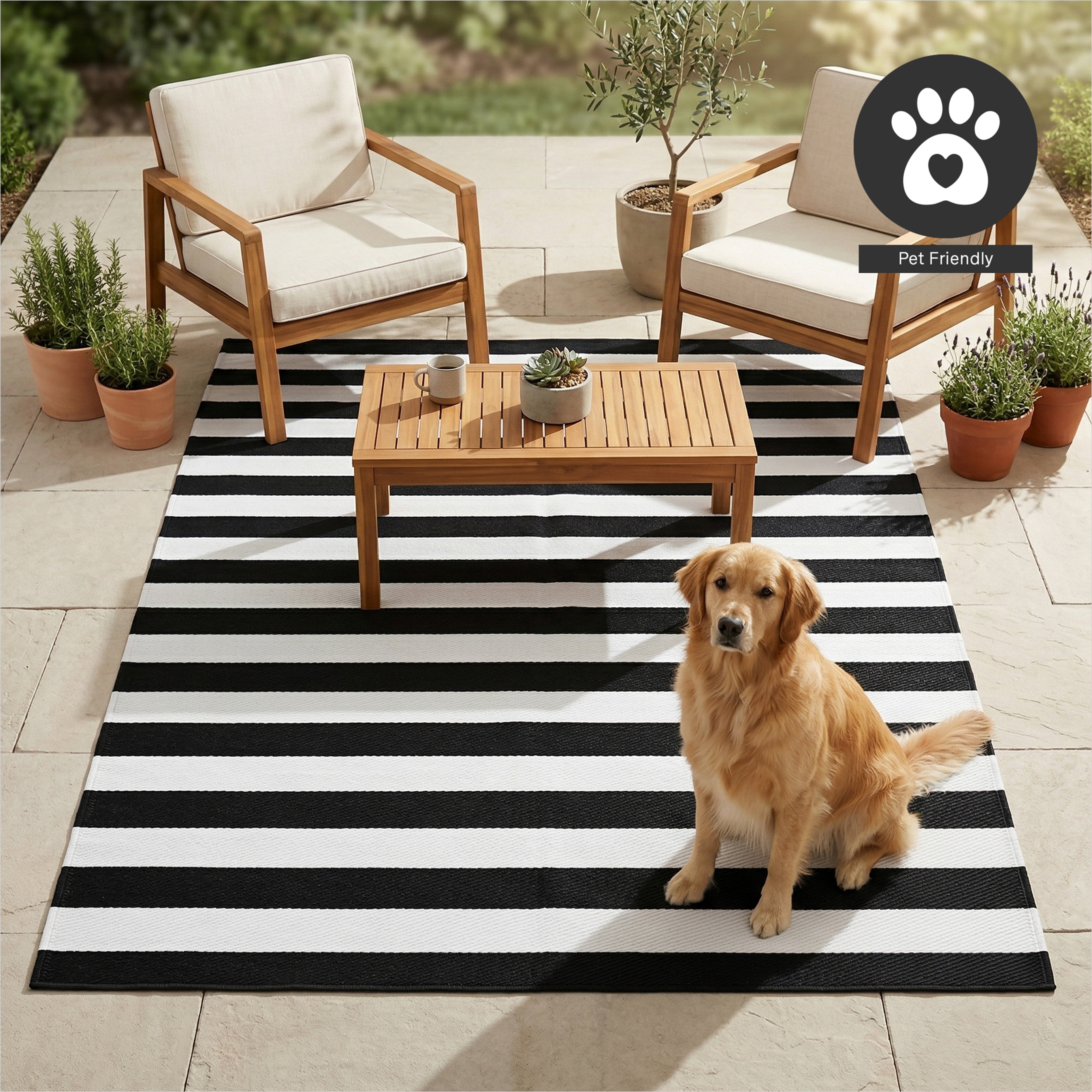 FH Home Outdoor Rug - Waterproof, Fade Resistant, Reversible - Premium Recycled Plastic - Striped - Porch, Deck, Balcony, Mudroom, Laundry Room, Patio - Brittany Stripe - Black & White - 3 x 5 ft