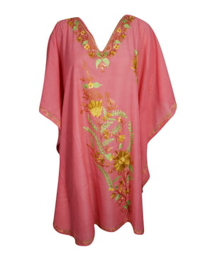 Mogul Women Peach Hand Embroidered Kaftan Dress One Size