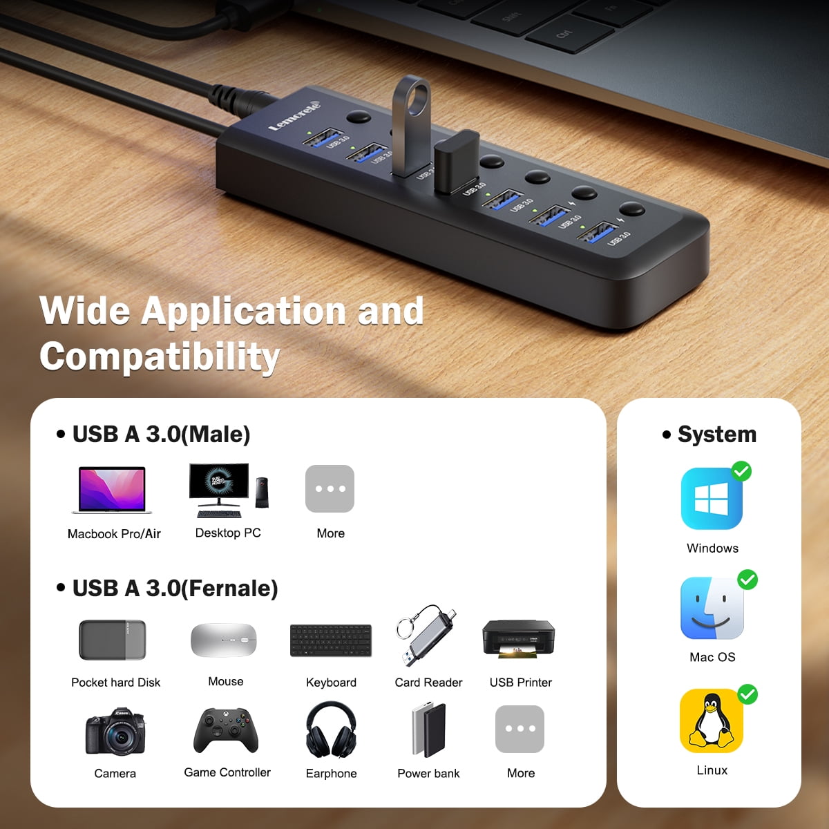 Lemorele 7 Port USB 3.0 Hub Extender with Two Charging Ports for Desktop and Laptop ,with Independent Switch