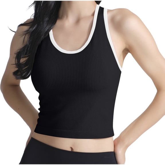 Htigea Womens Racerback Tank Top with Built in Bra Ribbed Sleeveless Crop Tee Slim Running Athletic Gym Shirts Black XS